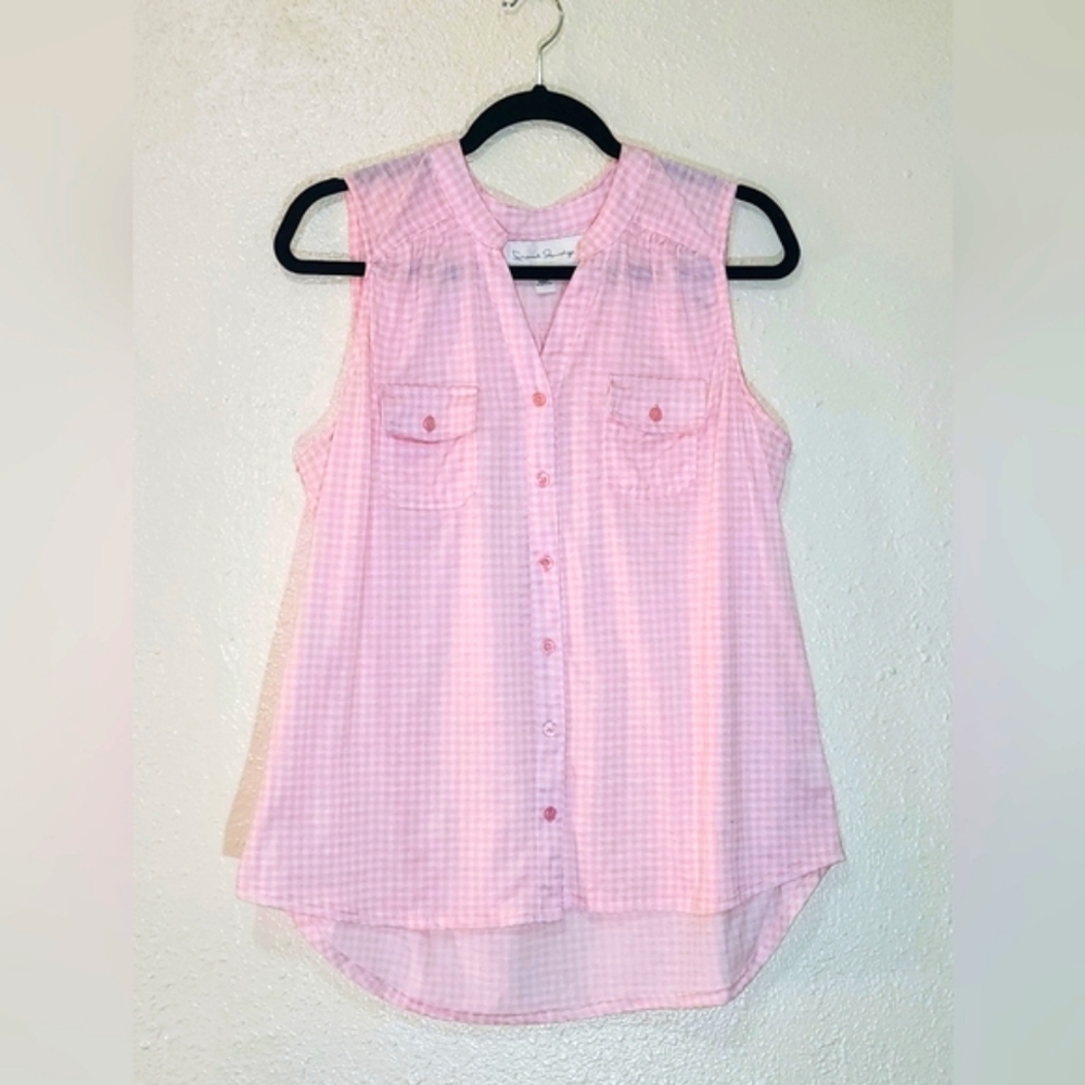 French Laundry PINK & White Checkerd Sleeveless Blouse V Neck Buttons 1/2 Way Up